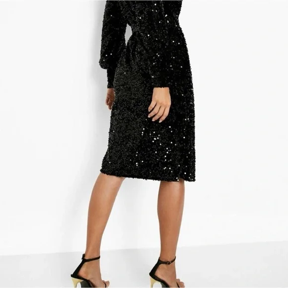 Boohoo Black Sequin Velvet Midi Wrap Dress - Picture 2 of 6
